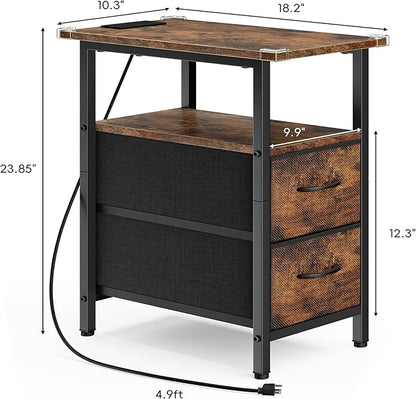 Vagusicc End Table with Charging Station, Narrow Side Table, 23.8'' Tall Nightstand with 2 Fabric Drawers, Small Sofa Side Table Narrow Nightstand for Small Spaces, Living Room, Bedroom, Rustic Brown