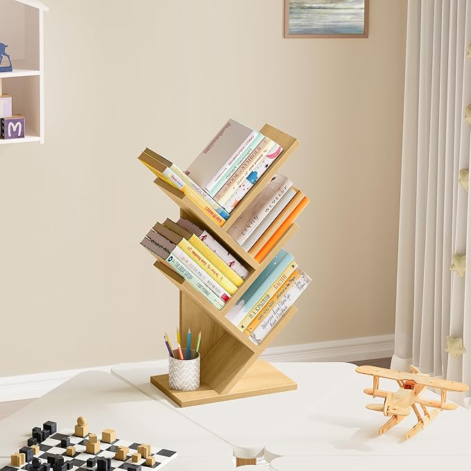 Hoctieon 4 Tier Tree Bookshelf, 4 Shelf Bookcase, Free Standing Tree Bookcase, Display Floor Standing Shelf for Books, Book Organizer Shelves for Home Office, Living Room, Bedroom, Yellow