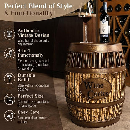 Wine Barrel Table - Cork Catcher Accent Table. Cork Holder Decorative and Storage - 3000 Corks - Large