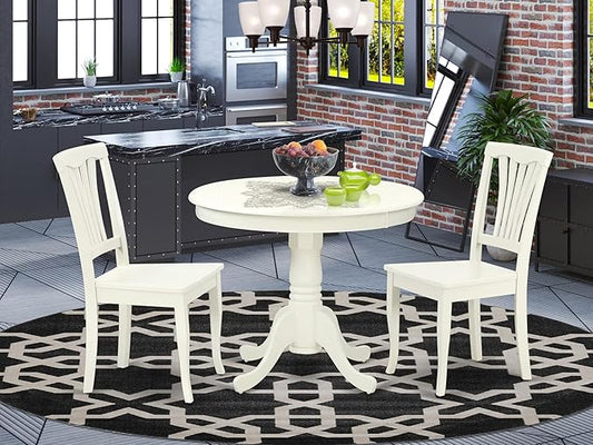 East West Furniture ANAV3-LWH-W 3 Piece Dining Table Set for Small Spaces Contains a Round Kitchen Table with Pedestal and 2 Kitchen Dining Chairs, 36x36 Inch, Linen White