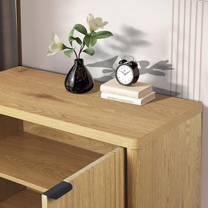 Buffet Cabinet with Storage Accent Sideboard Modern Credenza with 2 Doors & 3 Shelves Fluted Media Console for Living Room Kitchen Dining Room Hallway (Natural Oak)