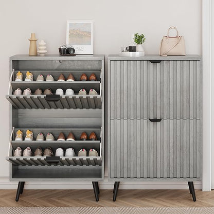 Smuxee Shoe Cabinet with 2 Flip Drawers, 23.6" Grey Hidden Shoe Storage Cabinet with Fluted Design, Freestanding Shoe Organizer Cabinet for Entryway, Hallway, Living Room, Closet