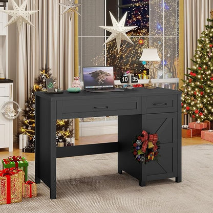 Farmhouse 47" Executive Desk, Computer Desk with Drawers and Storage Cabinet, Workstation Computer Desk for Home Office, Study.(Pure Black)