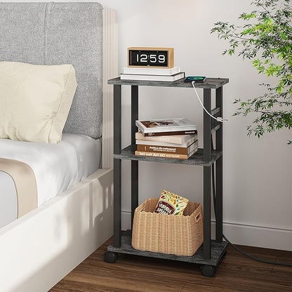 TUTOTAK Small Narrow Side Table with Charging Station, Set of 2, Skinny End Table for Small Spaces, Slim Nightstand with USB Ports and Outlet,Sofa Beside Table with Wheels, Charcoal Grey TB01BY047