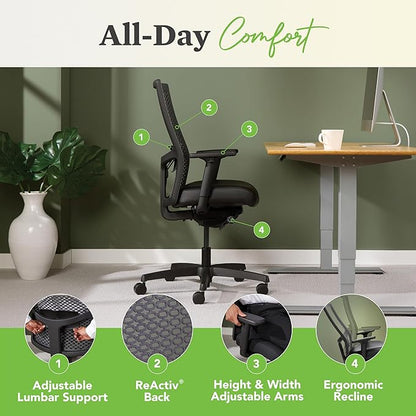 HON Ignition 2.0 ReActiv Ergonomic Office Chair, Synchro-Tilt Recline, Breathable Flex Back, Swivel Wheels, Comfortable Desk Chair for Long Hours, Blue