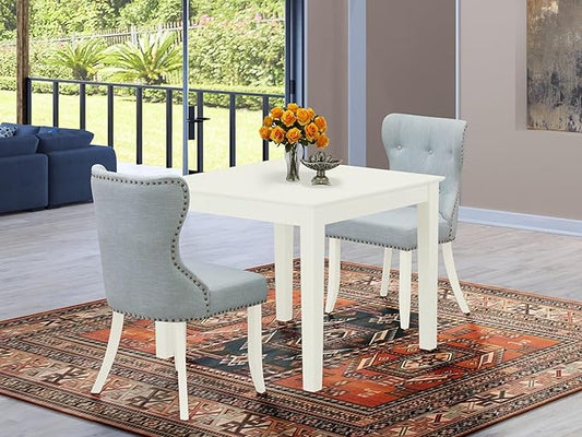 East West Furniture OXSI3-LWH-15 3 Piece Dining Room Furniture Set Contains a Square Dining Table and 2 Baby Blue Linen Fabric Upholstered Parson Chairs, 36x36 Inch, Linen White