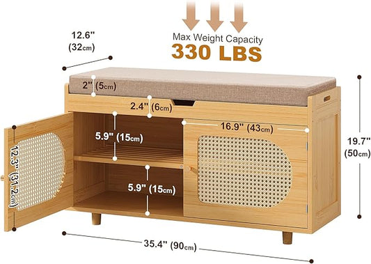 Rattan Shoe Storage Bench,Bamboo Entryway Bench, 2-Tier Shoe Rack,35.4" W x 12.6" D x 19.7" H with 2 Doors & Padded Seat Cushion for Entryway, Living Room, Bedroom, Natural