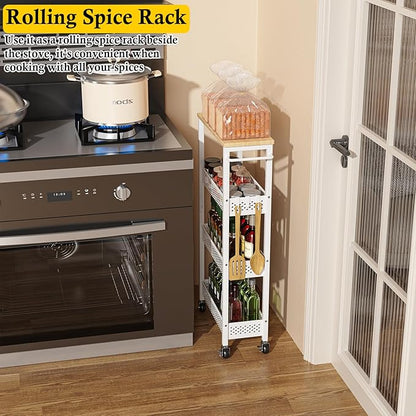 Utility Slim Storage Cart, 4 Tier Small Rolling Kitchen Laundry Room Cart with Wood Top, Metal Narrow Bathroom Storage Cabinet Mobile Shelf Unit Organizer Trolley with Handle for Narrow Space