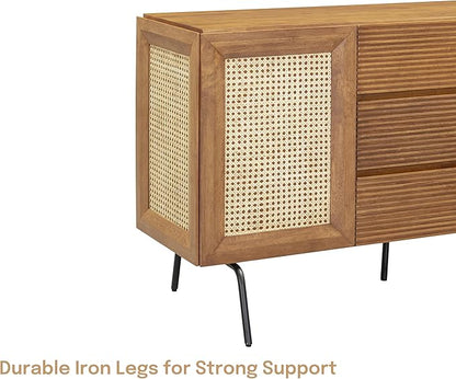 NTC MOSSIC Sideboard with 2 Doors and 3 Drawers, Buffet Cabinet with Natural Rattan and Metal Legs, Modern Storage Cabinet for Living Room, and Hallway, Effortless Assembly, Teak Look