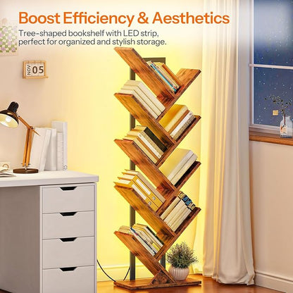 HOOBRO Tree Bookshelf, 9-Tier Tree Bookshelf with Lights, Space-Saving Book Shelf, Holds Books, CDs, Floor Standing Bookcase for Office, Living Room, Bedroom, Rustic Brown and Black BF08DSJ01