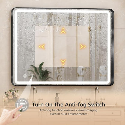 Hasipu LED Bathroom Mirror with Lights 40 x 26 Inch, Black Metal Frame Light Mirror for Vanity Anti-Fog, Dimmable, 3 Colors (Horizontal/Vertical)