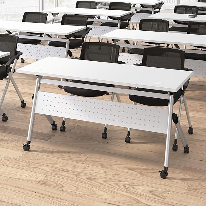 Bush Business Furniture Folding Training Table Set for 2, 72 inch, 2 Mesh Back Folding Chairs with Arms, Commercial-Grade Bundle for Office or Classroom, Envision Collection, White