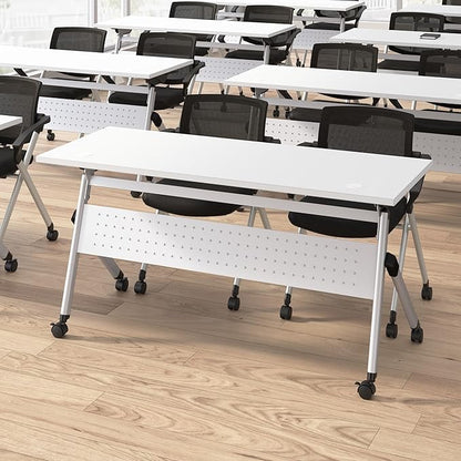 Bush Business Furniture Folding Training Table Set for 2, 72 inch, 2 Mesh Back Folding Chairs with Arms, Commercial-Grade Bundle for Office or Classroom, Envision Collection, White