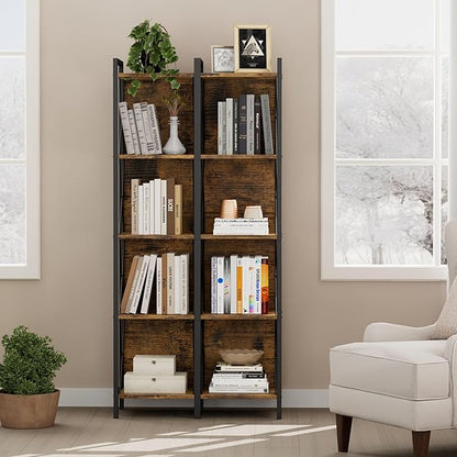 Homhedy 5 Tier Bookshelf Bookcase, Tall Narrow Bookshelf for Small Space, Metal Storage Shelves with Back Panel, for Home Office, Living Room, Kitchen, Bedroom, Industrial Style, Rustic Brown