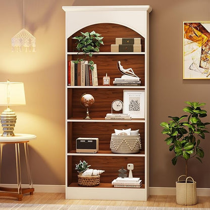 LITTLE TREE 70.9" White Bookcase, 5-Tier Tall Bookshelf with Open Shelves, Wooden Vintage Free-Standing Book Shelf for Living Room, Home Office, Bed Room