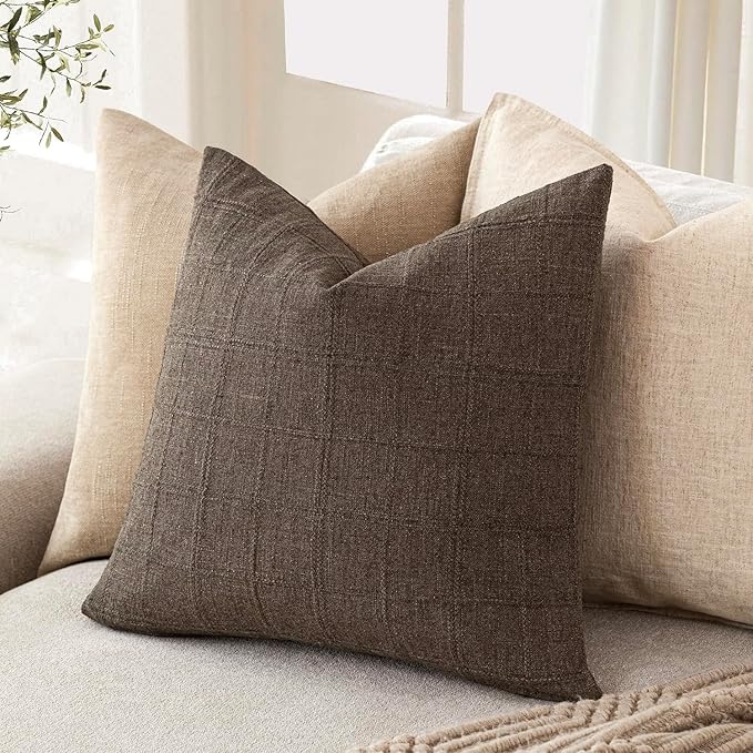 Foindtower Set of 2 Decorative Linen Check Throw Pillow Covers Neutral Farmhouse Vintage Cushion Covers Modern Boho Home Decor for Sofa Chair Couch Bedroom Living Room Outdoor,24×24 Inch,Dark Brown
