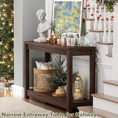 Small Farmhouse Wood Entryway Table Narrow Console Table with Storage Behind Couch Sofa Table with Shelves Entry Way Tables with Open Storage, Easy Assembly, 32" Black Walnut