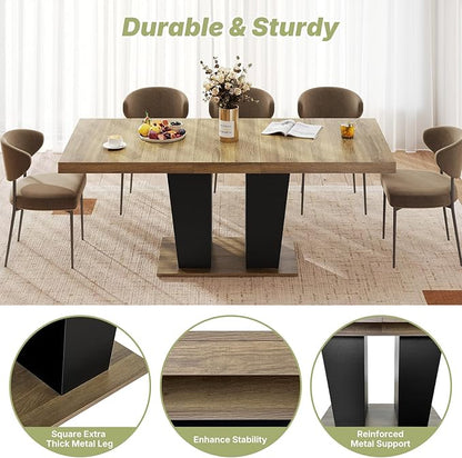 63"-78.7" Expandable Dining Table, 6-10 Rectangle Table, Extendable Console Table, Wooden Farmhouse Kitchen Table with Metal Track & Dual Column Base for Living, Office-Beige Brown