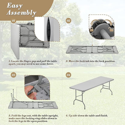 Athena Collection 8 ft Square Folding Dining Table, Large Plastic Foldable Table Portable with Carry Handle, Heavy Duty Fold-in-Half Utility for Indoor Outdoor Party Camping Picnic, Grey