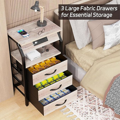 End Table with 3 Drawers, Night Stand with Charger Station and LED Lights, Small Nightstand with Fabric Storage, Farmhouse Side Table for Bedside, Living Room, Dorm, Greige