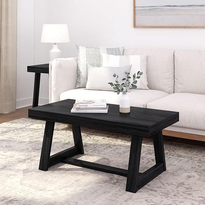 Plank+Beam Classic Rectangular Coffee Table, 40 Inch Farmhouse Coffee Table, Mini Center Tables for Small Spaces, Small Living Space Tea Table, Black Wirebrush
