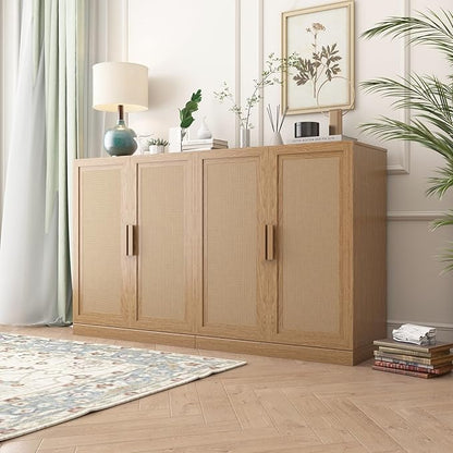 Buffet Cabinet, 4-Doors Sideboard Cabinet with Rattan Panels, Buffet Console Accent Table for Hallway Entryway Dining Room, 72", Oak