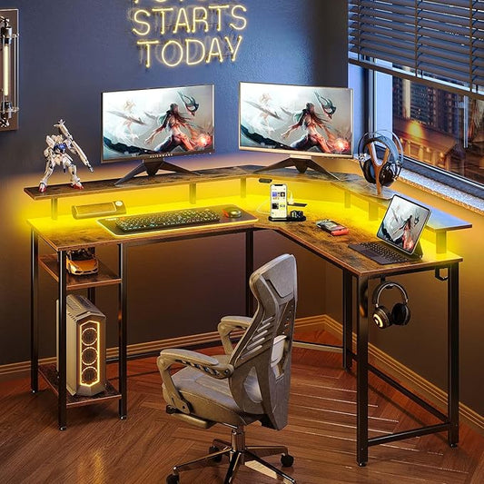 Rolanstar L Shaped Gaming Desk with LED Lights & Power Outlets, 46.2" Computer Desk with Full Monitor Stand & Storage Shelf, Corner Desk with Hooks, Rustic Brown Desk Reversible