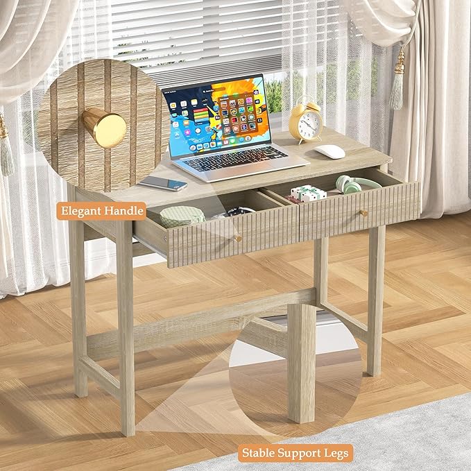 Fluted Writing Desk with Drawers, Makeup Vanity Desk for Bedroom, 40 Inch Home Office Computer Desk with Storage Drawers, Small Console Table