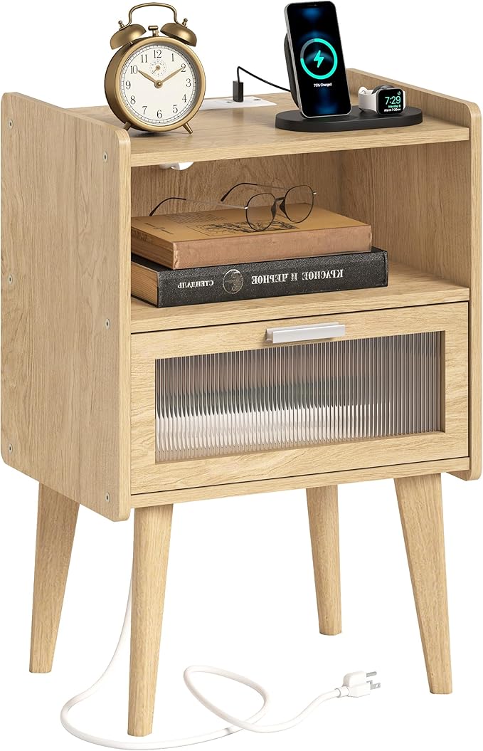 Nightstand with Charging Station, Bedside Tables with Glass Decorative Door, Natural End Table, Side Table with 2 Tiers Storage Space for Bedroom Living Room CAMLBZ07YE