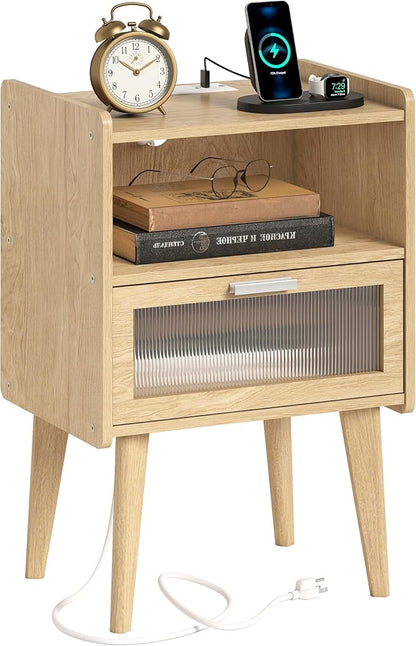 Nightstand with Charging Station, Bedside Tables with Glass Decorative Door, Natural End Table, Side Table with 2 Tiers Storage Space for Bedroom Living Room CAMLBZ07YE