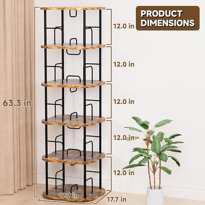 5-Tier Rotating Book Shelf, 360° Display Spinning Bookshelf Tower, Book Organizer, Floor Standing Bookcases for Small Space, Corner Book Shelf for Bedroom, Living Room, Study Room (RUSTIC BROWN)