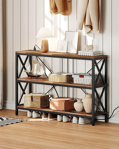 47.2" Console Table with Charging Station, 3-Tier Entryway Table, Industrial Sofa Desk, Hallway Desk with 2 AC Outlets and 2 USB Ports Metal Frame, Rustic Brown and Black TXG01UBF