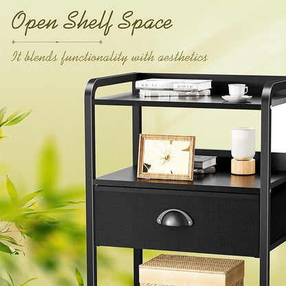Night Stand Nightstand with 1 Drawer Black Nightstands Storage Night Stands Fabric Drawers Small Bedside Table Mesh Shelves Bed Side End Tables Chests Cabinet for Bedroom Living Room Dorm Furniture