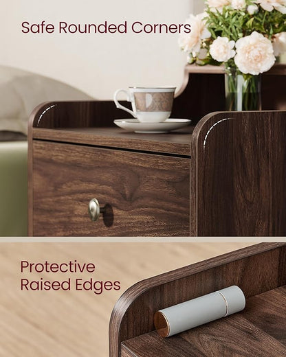 VASAGLE Nightstands, Set of 2, Bedside Tables with Hidden Drawers, Mid-Century End Side Tables with Solid Wood Legs, for Bedroom, Natural Walnut ULET624K01