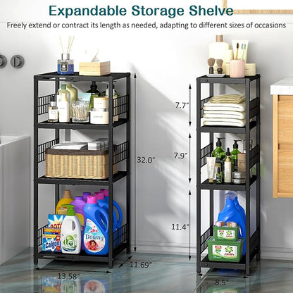 Expandable Slim Storage Shelf, 4 Tier Metal Shelving Unit for Bathroom Storage Organizer, Freestanding Narrow Shelf for Small Spaces, Open Floor Shelves for Bathroom, Laundry Room, Kitchen