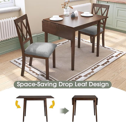 Merax Farmhouse Wooden Dining Set of 3, 45.6 inch Extendable Kitchen Table with Drop Leaf, 2 Chairs with Backrest for Small Space, Easy Assemble Brown