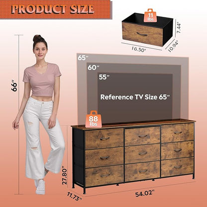 WLIVE 54''W Dresser for Bedroom, Dresser TV Stand for 55, 60, 65 inch TV, Wide Chest of Drawers with 9 Drawer, Large Entertainment Center, Fabric Dressers with Wood Top for Living Room, Rustic Brown