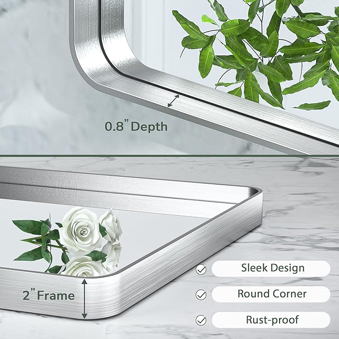 TokeShimi 48 x 24 Inch Wall Mirror Silver Bathroom Vanity Mirror with Metal Frame Aluminum Alloy Rounded Corner for Modern Farmhouse Wall Decor 1”Deep Set Design (Horizontal/Vertical)
