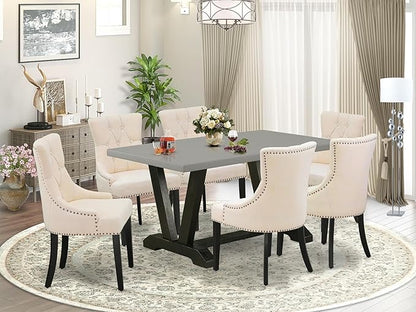 East West Furniture V696FR102-7 7 Piece Dinette Set Consist of a Rectangle Dining Room Table with V-Legs and 6 Light Beige Linen Fabric Upholstered Parson Chairs, 36x60 Inch, Multi-Color