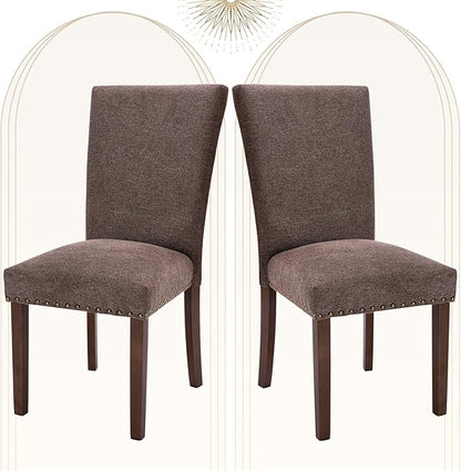 COLAMY Upholstered Parsons Dining Chairs Set of 2, Fabric Dining Room Kitchen Side Chair with Nailhead Trim and Wood Legs - Brown