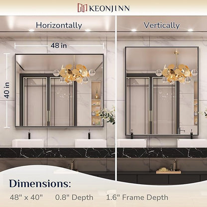 Keonjinn Black Bathroom Mirror 48” x 40” Wall Mirror for Bathroom Vanity Large Metal Frame Rectangle Mirror for Over Sink Rectangular Farmhouse Square Corner Framed Mirror(Horizontal/Vertical)