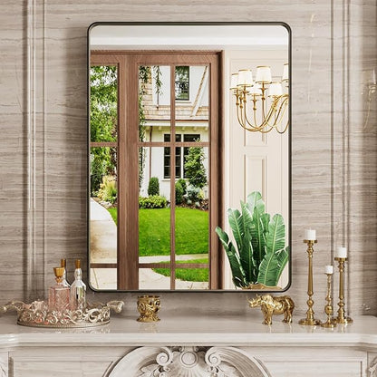 20X30 Inch Black Bathroom Mirror, Black Metal Framed Mirror for Wall, Rounded Rectangle Matte Bathroom Vanity Mirror with Tempered Glass, Anti-Rust, Horizontal/Vertical