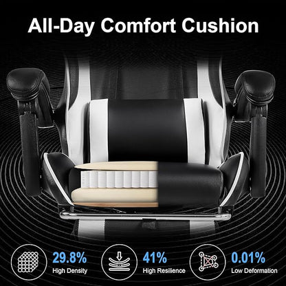 VECELO Ergonomic Gaming Chair with Footrest, Comfy Recliner Computer Chair, Swivel Seat, Height Adjustable, High Back PU Leather, Lumbar Support, Headrest for Adults, Black