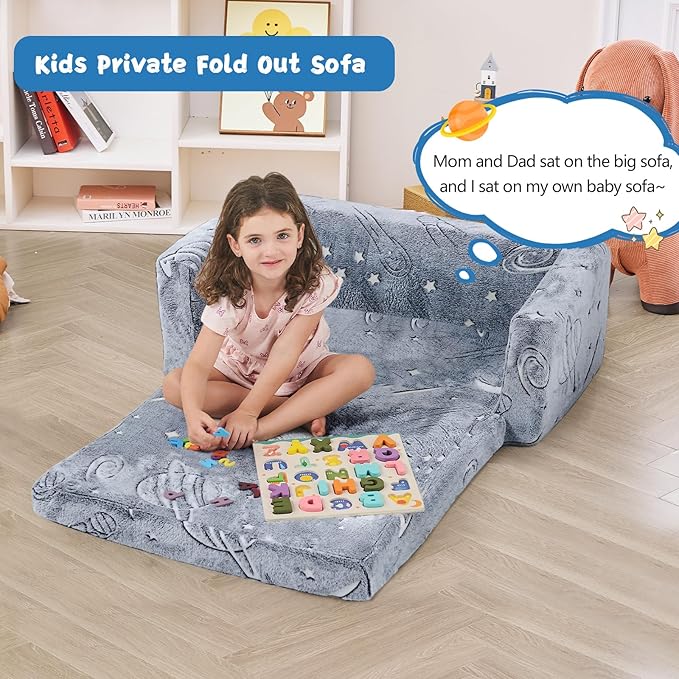 Toddler Chair Comfy,2-in-1 Soft Toddler Couch Fold Out for Kids,Convertible Sofa to Lounger,Gift for Girls and Boys Birthday,Space,Large