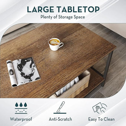 SAYGOER Coffee Table with Storage 2-Tier Industrial Center Table for Living Room, Rectangle Wood Table for Small Spaces Apartment Home Office, Walnut