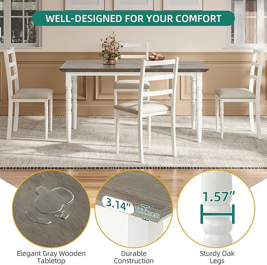 DWVO 5-Piece Dining Table Set for 4, Kitchen Dining Room Table with Upholstered Chairs, Faux Leather Cushions, Modern Rectangular Dinner Table Set for Small Spaces & Apartment, White Grey