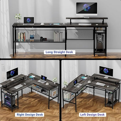 L Shaped Computer Desk with Magic Power Outlets and Smart LED Light, Reversible Office Corner Desk with Ergonomic Monitor Stand, Large Gaming Table with Storage, Sleek Grid Design, Black Oak