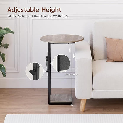 Vagusicc C Shaped End Table with Charging Station, 32" Tall Side Table for Couch and Recliner, Adjustable Height Small Couch Side Table Slide Under Sofa TV Tray Table for Living Room, Bedroom, Greige