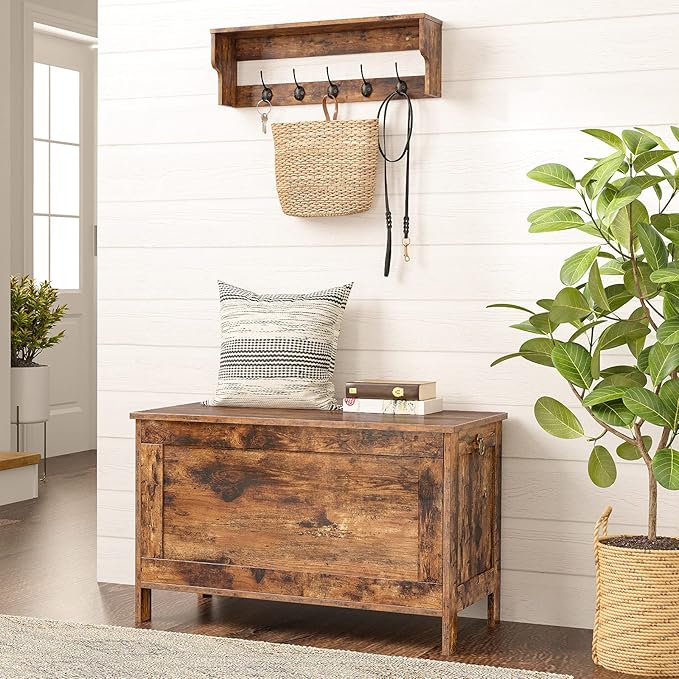 HOOBRO Toy Box, Retro Wooden Look Storage Chest with Safety Hinge, Entryway Storage Bench Supports 220 lb, 29.9 x 15.7 x 18.9 Inches Toy Chest Organizer, Easy Assembly (Rustic Brown) BF75CW01G1