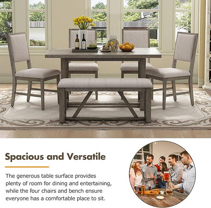 Merax Farmhouse Wooden Dining Set of 6, 59.6 inch Kitchen Table with Trestle Base, 4 Upholstered Chairs and 1 Bench, Easy Assemble Gray